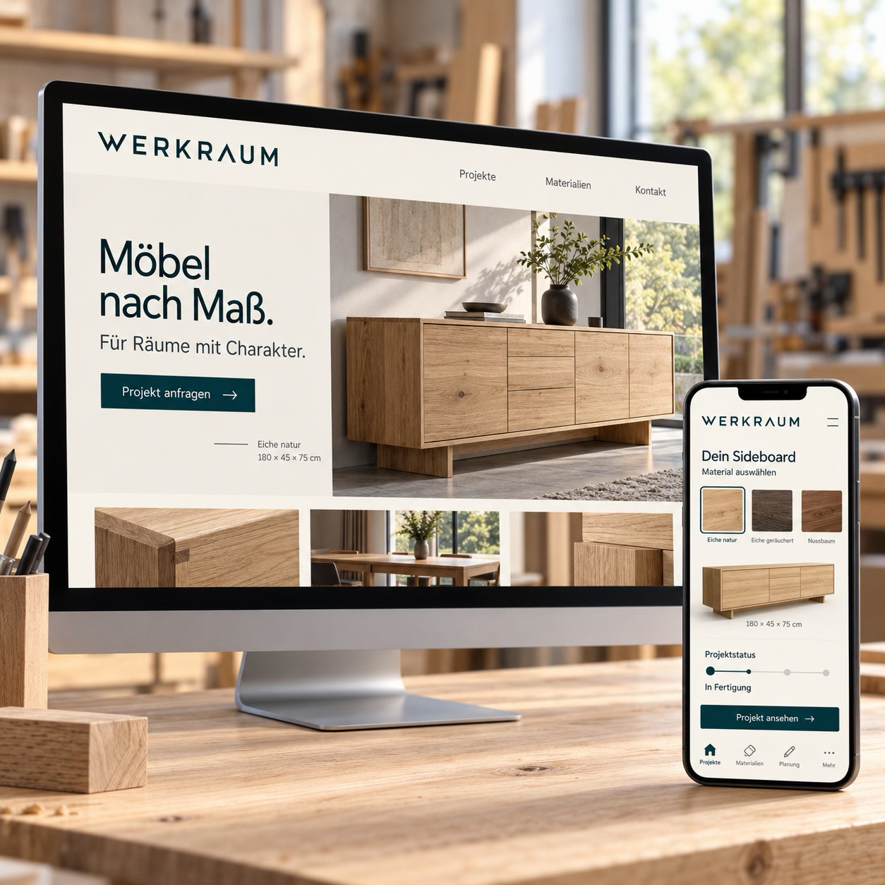 Werkraum: individuell gestaltete Möbel-Website auf einem Monitor und passende App auf einem Smartphone